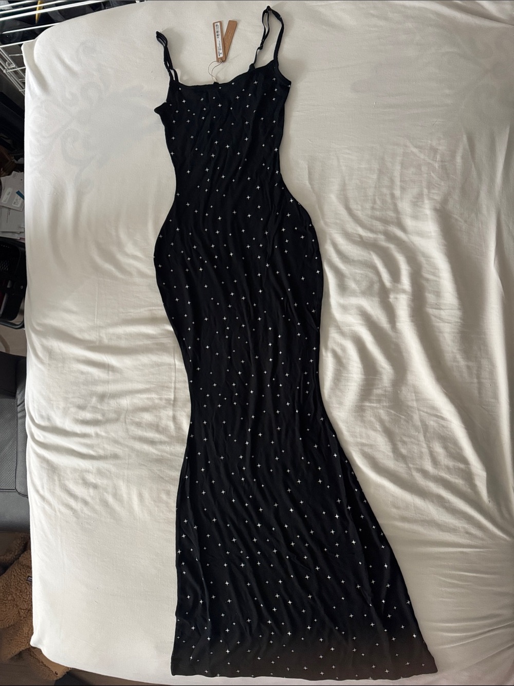 SKIMS Black Slip Dress with White Star Dot Print